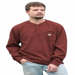 Hot Sale ✨ Lincoln Outfitters Men's Long Sleeve Bedford Henley Red - BRK-E0379 - Long Sleeve Shirts 👍