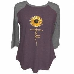 Outlet ⭐ Lincoln Outfitters Ladies Three Quarter Sleeve Faith Sunflower Graphite Heather- LO-LFW-05 - Three Quarter Length 💯 Shirts 🥰 Women's ⌛