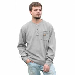 Best Pirce 💯 Lincoln Outfitters Men's Bedford Henley Long Sleeve Shirt Grey Heather - GRYHTR-E0379 - Long Sleeve 💯 Shirts ⭐