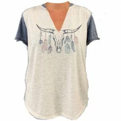 Best Pirce ⭐ Lincoln Outfitters Ladies V-Neck BOHO Antler Short Sleeve Fashion T-Shirt - LO-LF12 - T-Shirts 😀